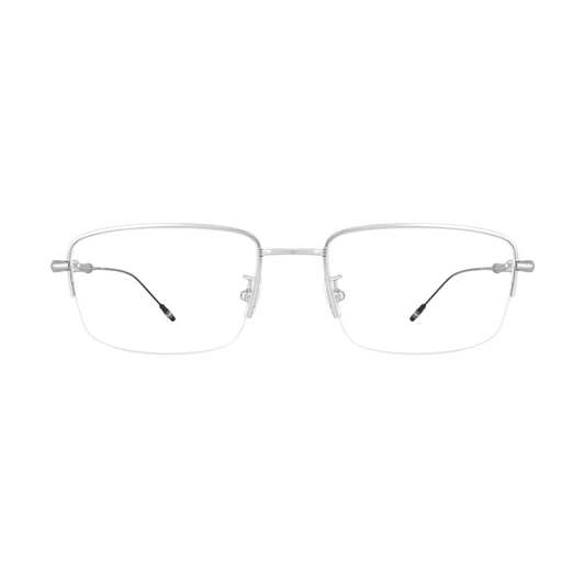 a polished silver half-rimless frame and accented by sleek black and silver temples