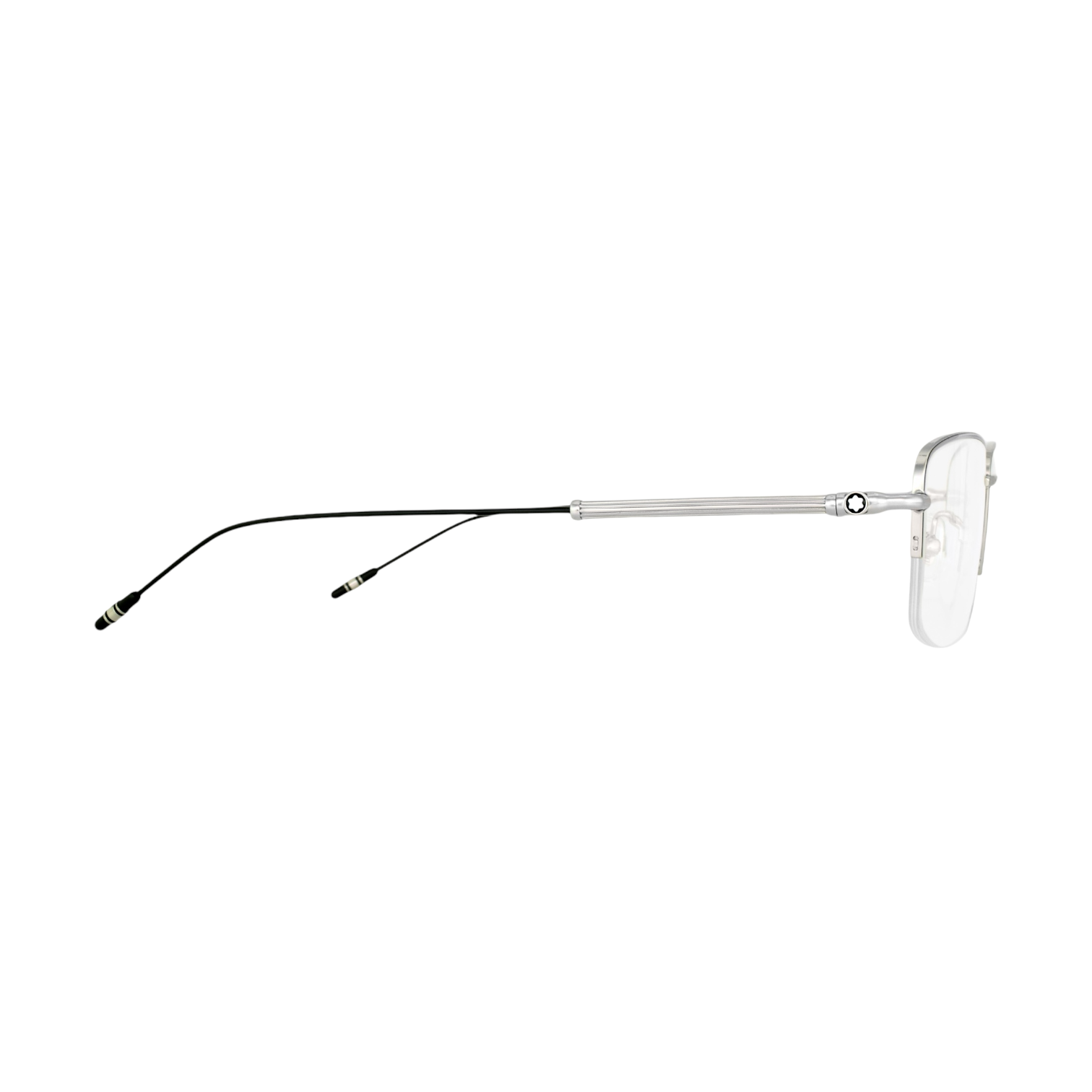 a polished silver half-rimless frame and accented by sleek black and silver temples.