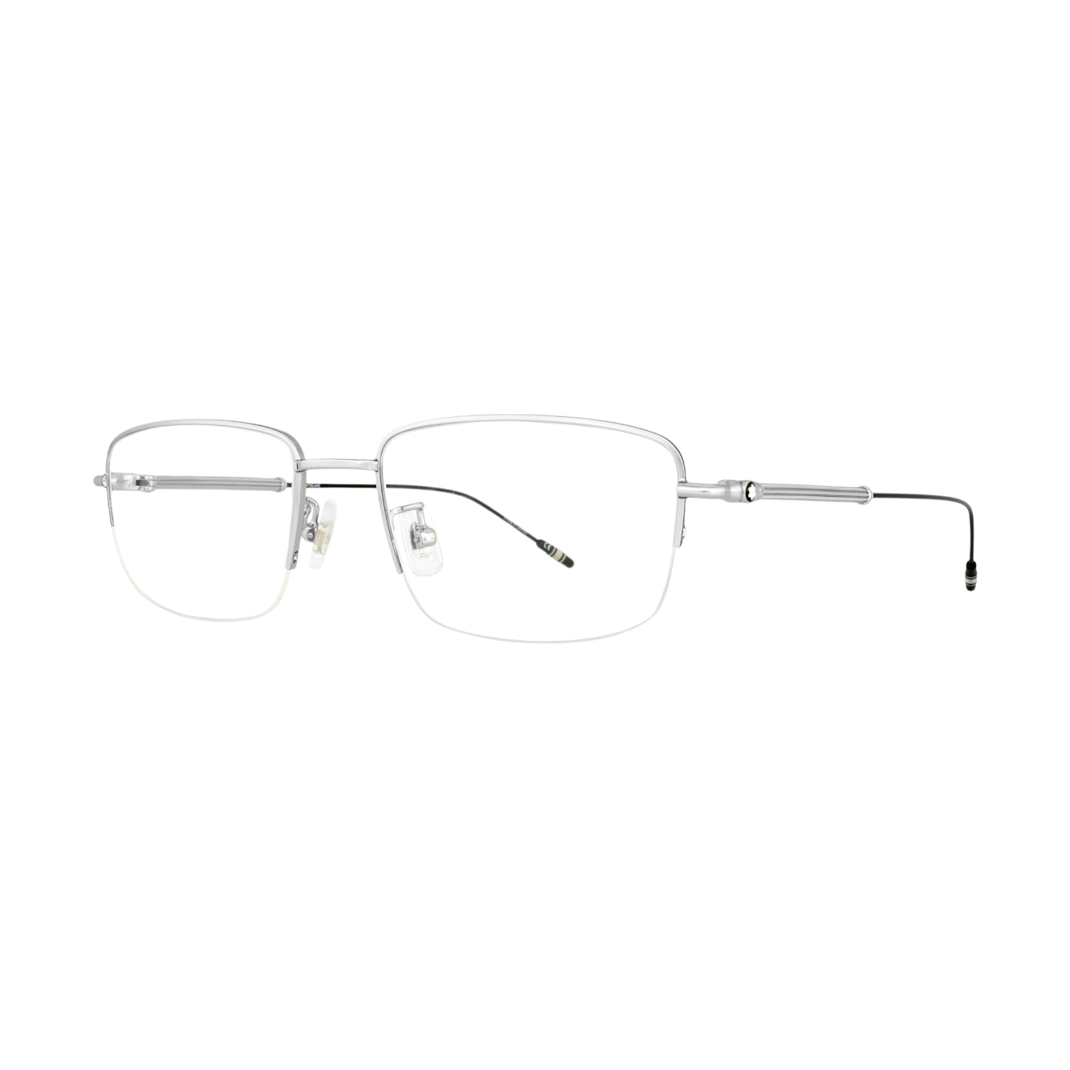 a polished silver half-rimless frame and accented by sleek black and silver temples