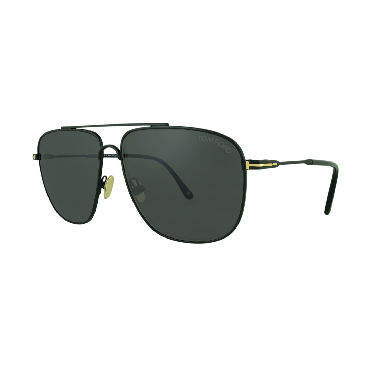 Tom Ford LEN sunglasses in pilot-rectangular shape, featuring a slim black frame and smoky grey lenses